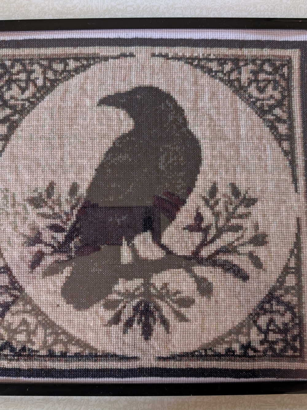 Framed Art Nouveau Raven Textile Cross Stitch Wall Art, 14x14 Inch, Handmade